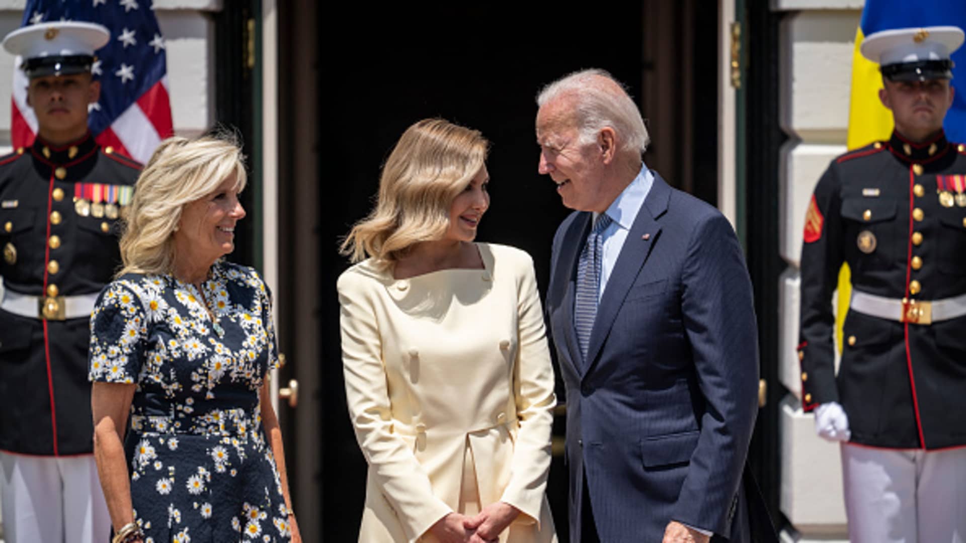 U.S. first lady Jill Biden, first lady of Ukraine Olena Zelenska and U.S. President Joe Biden pose for photos as Zelenska arrives on the South Lawn of the White House on July 19, 2022, in Washington, DC. Zelenska is in the United States for a series of high-level meetings and an address to Congress.