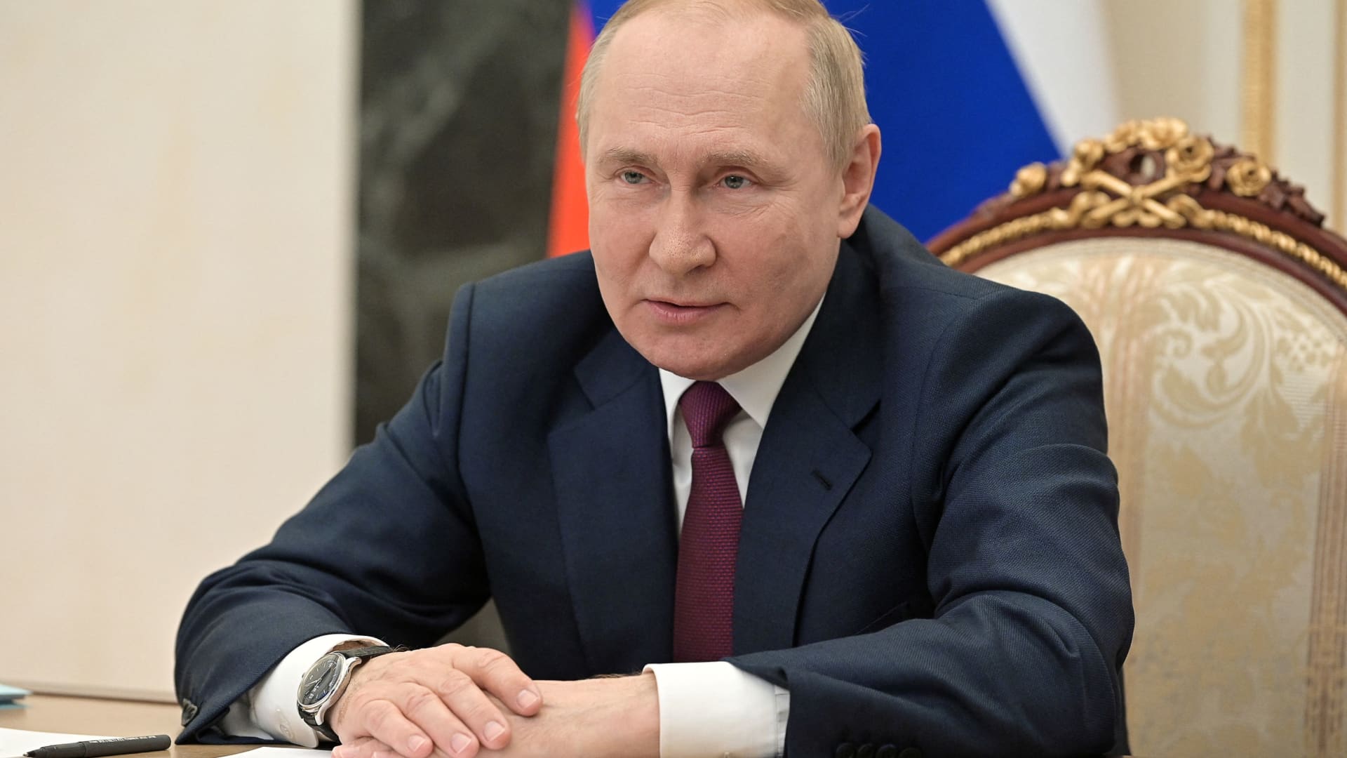 Russian President Vladimir Putin attends a meeting with participants of the Bolshaya Peremena national contest for school students, via video link in Moscow, Russia July 20, 2022. 