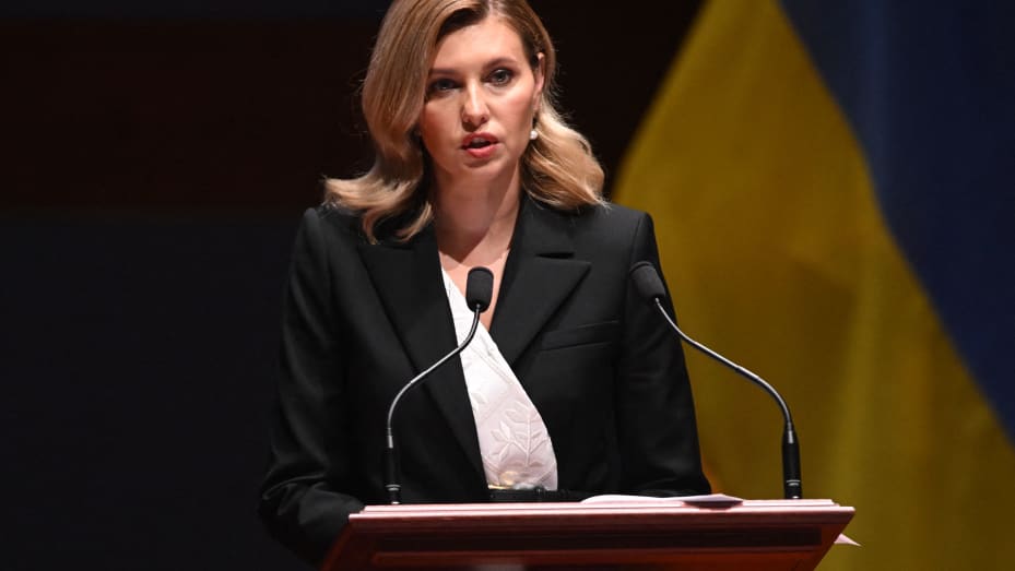 Ukrainian First Lady Olena Zelenska speaks to members of the US Congress about Russia's invasion of Ukraine, in the US Capitol Visitors Center Auditorium on July 20, 2022, in Washington, DC.