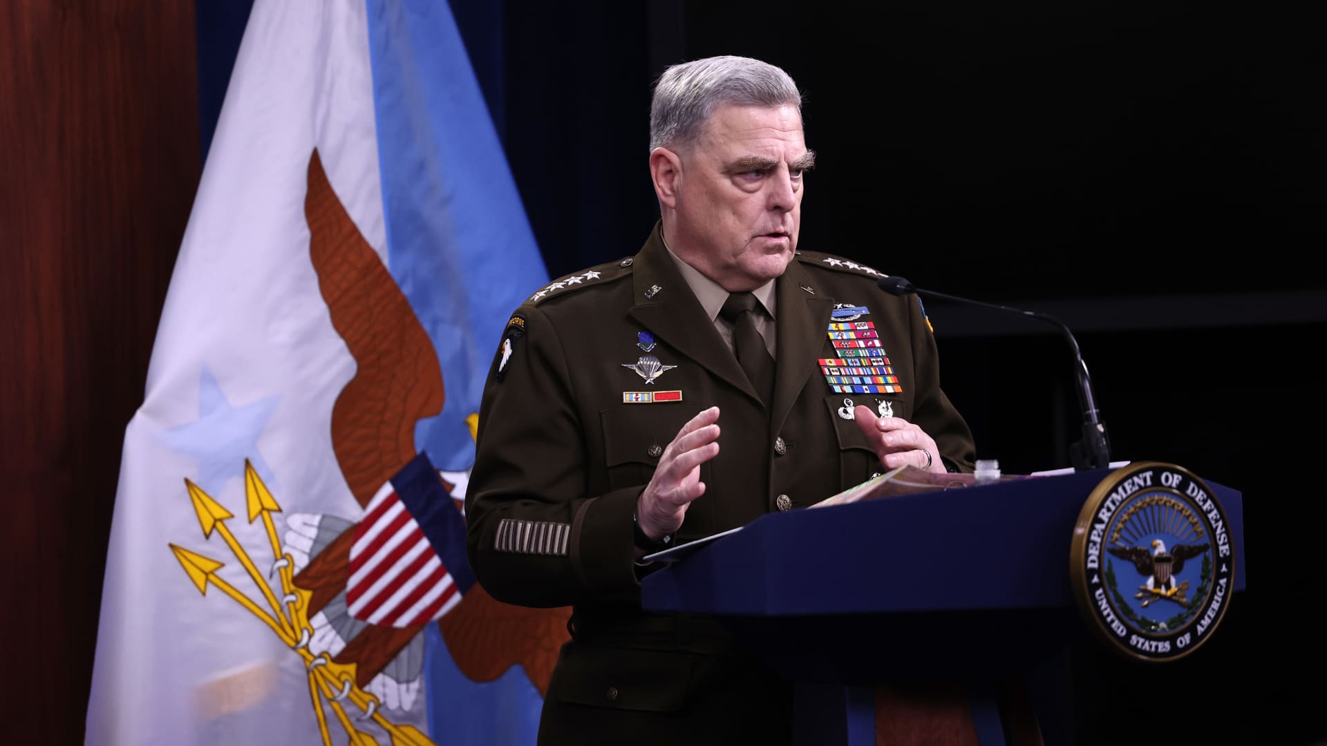 Chairman of the Joint Chiefs of Staff General Mark Milley at a news briefing at the Pentagon on July 20, 2022 in Arlington, Virginia.