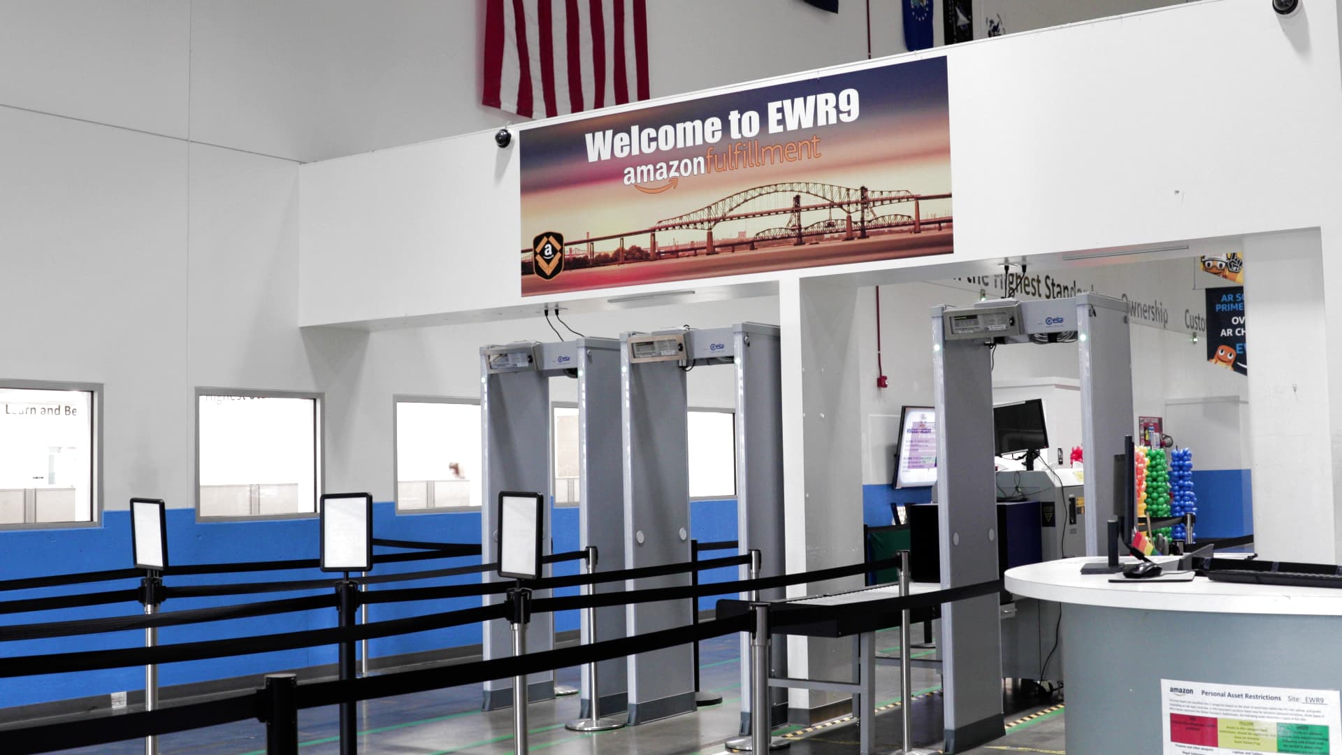 The entrance to Amazon's EWR9 warehouse in Carteret, New Jersey, is shown on June 15, 2022. An Amazon worker died at EWR9 during the annual Prime Day rush on July 13, 2022.