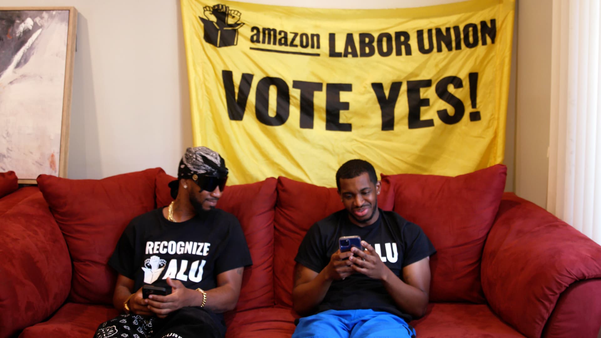 Chris Smalls and Derrick Palmer at the temporary headquarters of the Amazon Labor Union in Staten Island, New York, on June 15, 2022.