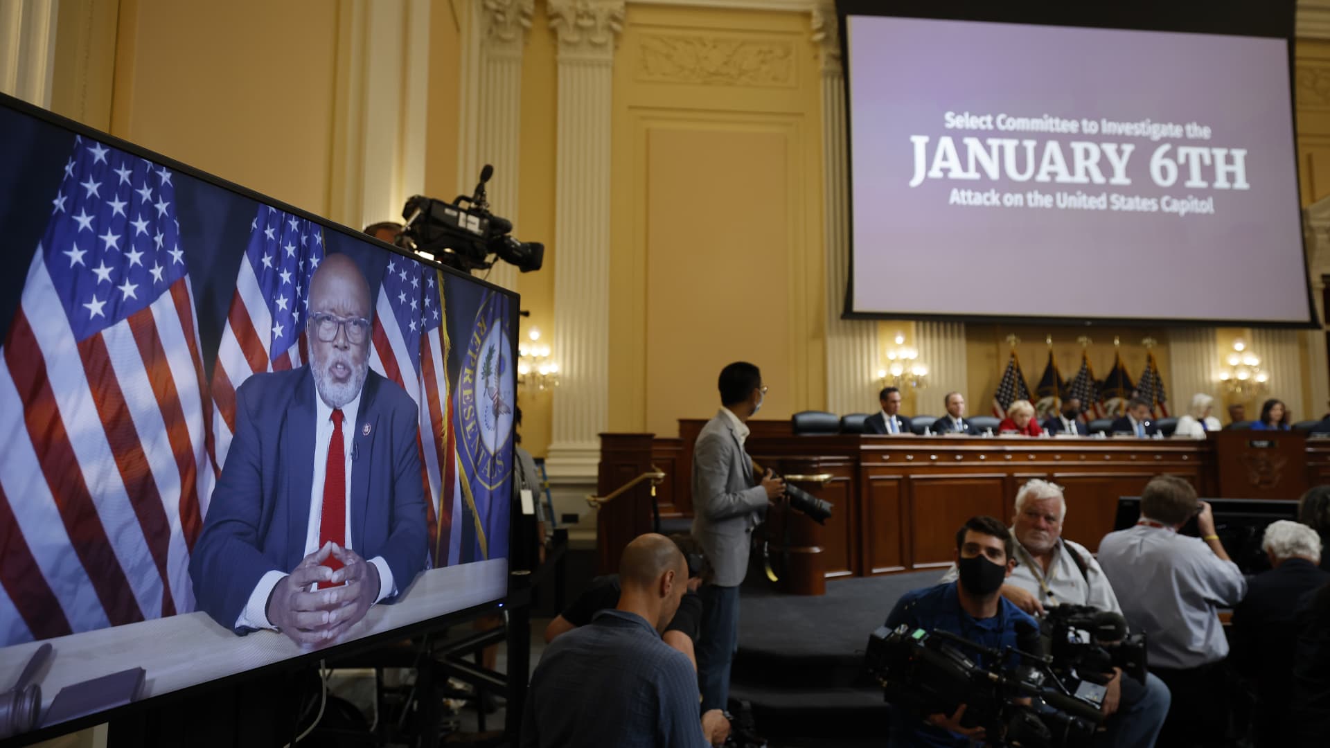 Rep. Bennie Thompson, chairman of the House Select Committee to Investigate the January 6th Attack on the U.S. Capitol, delivers opening remarks via video due to being positive for COVID-19 in the Cannon House Office Building on July 21, 2022 in Washington, DC.