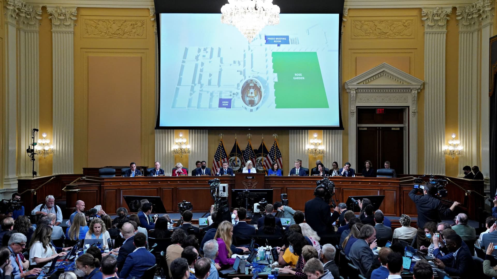 A diagram of the Oval Office of the White House and grounds displayed on a screen during a hearing of the Select Committee to Investigate the January 6th Attack on the US Capitol in Washington, D.C., US, on Thursday, July 21, 2022. 