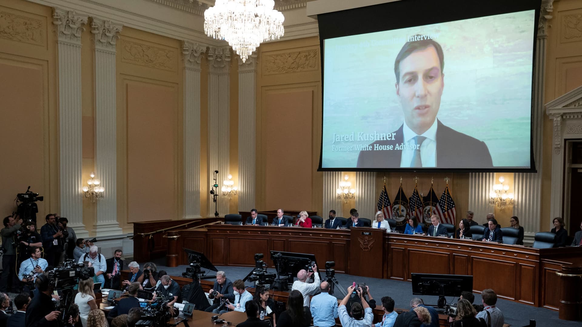 A video of Jared Kushner is shown on a screen, as the House select committee investigating the Jan. 6 attack on the U.S. Capitol holds a hearing at the Capitol in Washington, Thursday, July 21, 2022. 