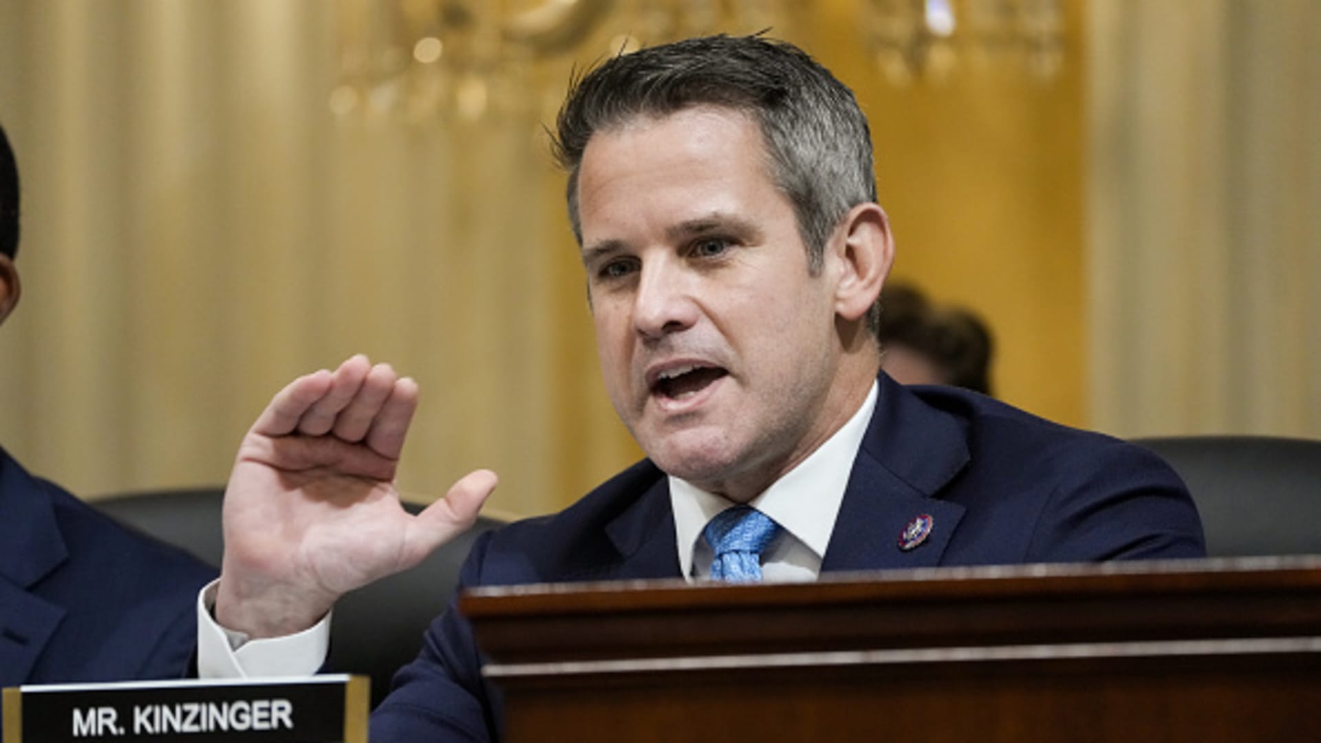 House Select Committee to Investigate the January 6th Attack on the U.S. Capitol member Rep. Adam Kinzinger (R-IL) delivers opening remarks during a prime-time hearing in the Cannon House Office Building on July 21, 2022 in Washington, DC.