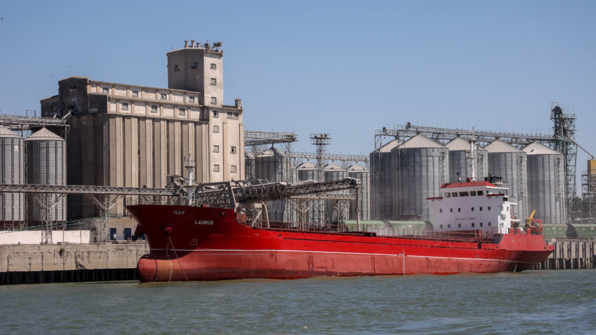 The vessel waits to be loaded at Reni river port on Danube river, in Odesa region, Ukraine, July 21, 2022.