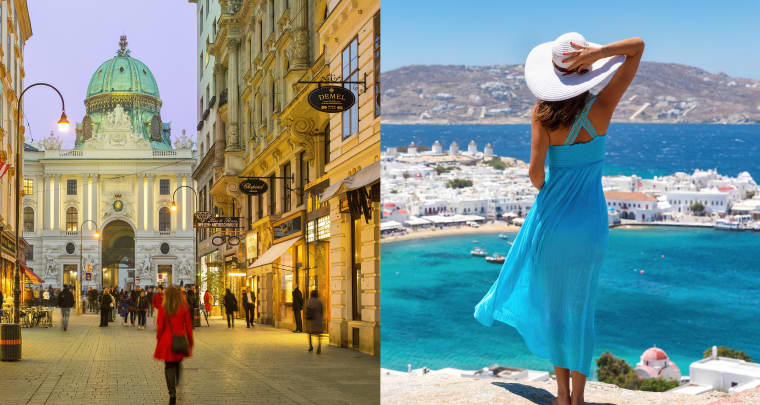 Average hotel rates in Europe range from $125 per night in Vienna, Austria (left) in August, to $610 in Mykonos, Greece (right) during the high season.