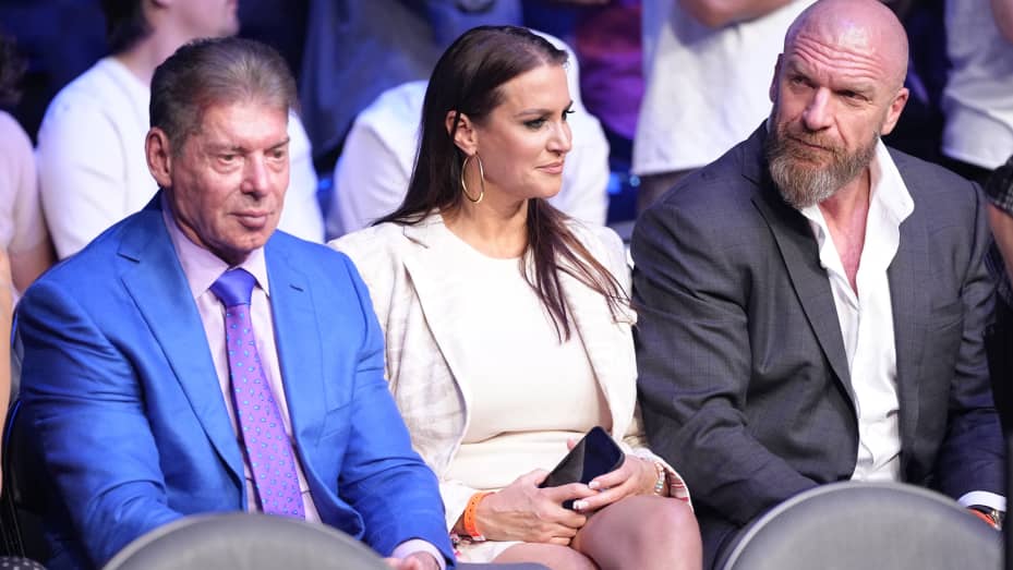 LAS VEGAS, NEVADA - JULY 02: Vince McMahon, Stephanie McMahon and Triple H attend the UFC 276 event at T-Mobile Arena on July 02, 2022 in Las Vegas, Nevada.