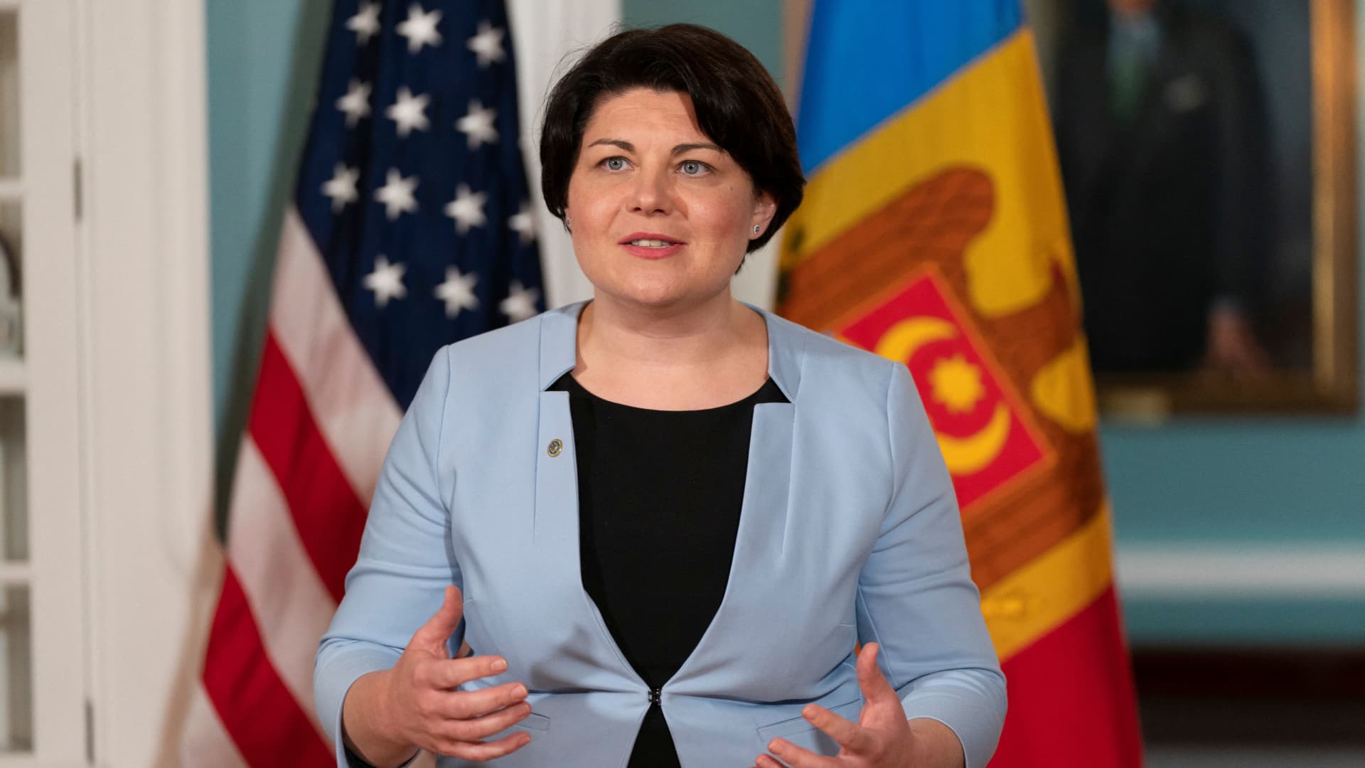 Prime Minister of Moldova Natalia Gavrilita speaks in the Treaty Room at the State Department in Washington, DC, on July 19, 2022, ahead of a meeting with US Secretary of State Antony Blinken.