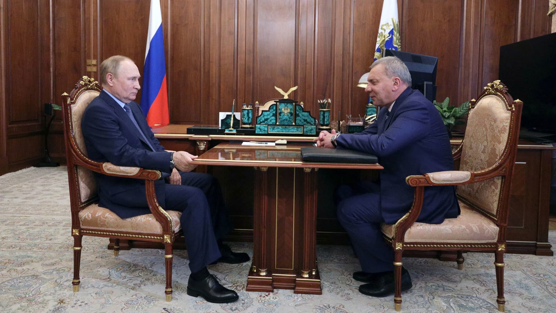 Russian President Vladimir Putin attends a meeting with newly-appointed head of the Roscosmos space agency Yuri Borisov in Moscow, Russia July 26, 2022. 