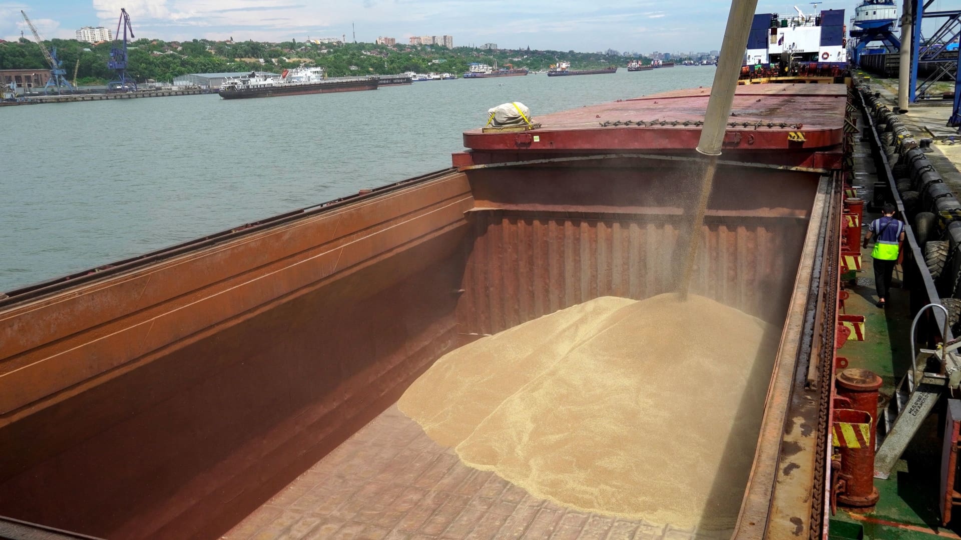 Wheat is loaded aboard a cargo ship in the international port of Rostov-on-Don to be shipped to Turkey, on July 26, 2022.