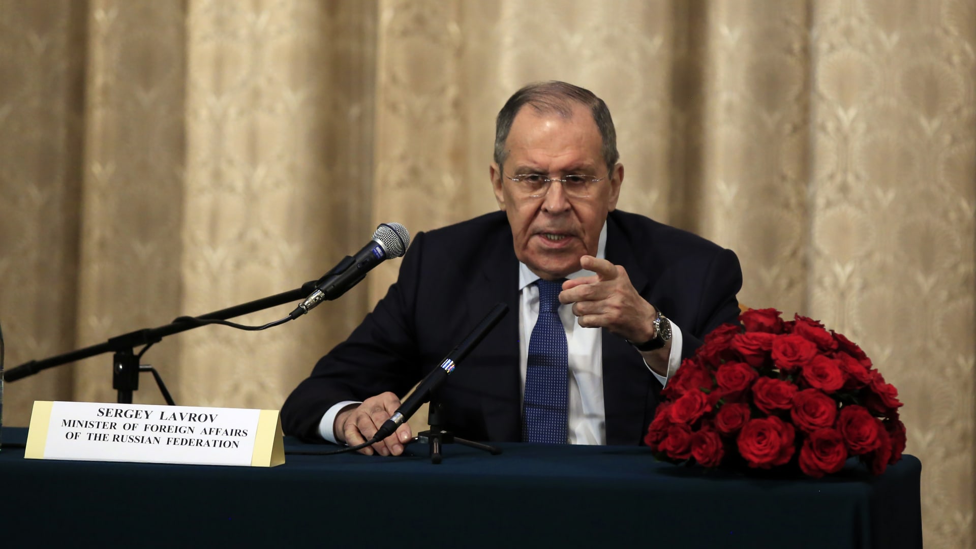 Russian Foreign Minister Sergey Lavrov holds a press conference at Russian Embassy in Addis Ababa, Ethiopia on July 27, 2022.