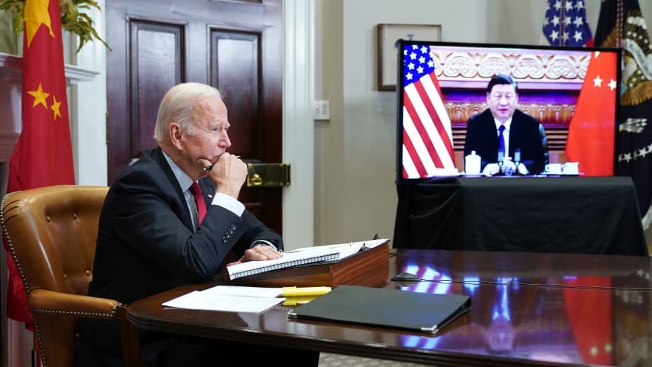 TOPSHOT - US President Joe Biden meets with China's President Xi Jinping during a virtual summit from the Roosevelt Room of the White House in Washington, DC, November 15, 2021. (Photo by MANDEL NGAN / AFP) (Photo by MANDEL NGAN/AFP via Getty Images)