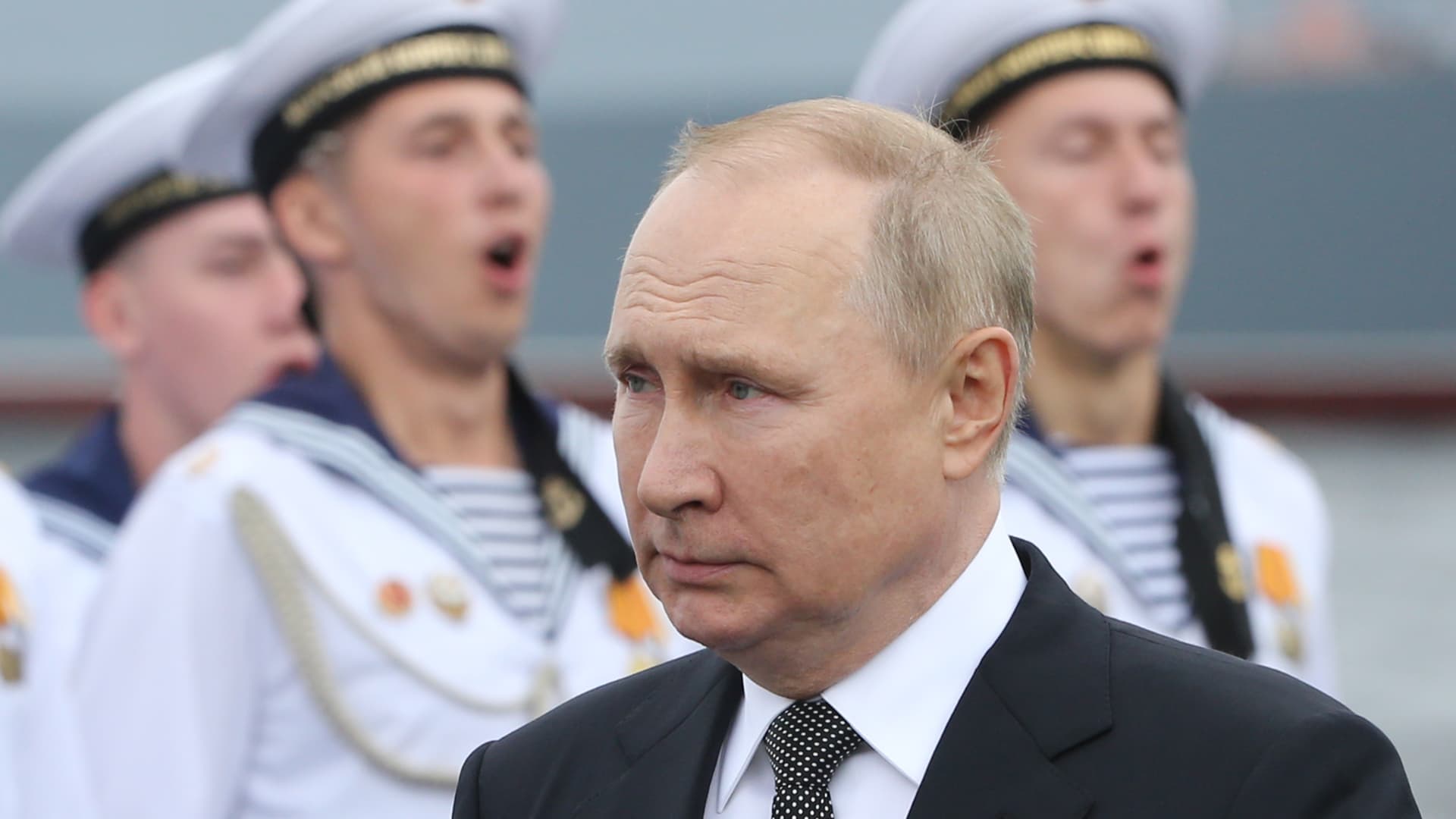 Russian President Vladimir Putin at the Navy Day Parade on July, 31 2022, in St. Petersburg, Russia. Planned Navy Day celebrations in Sevastopol in Russian-annexed Crimea were canceled on Sunday after officials accused Ukraine of carrying out a drone attack on the Black Sea Fleet's headquarters there, injuring five people.