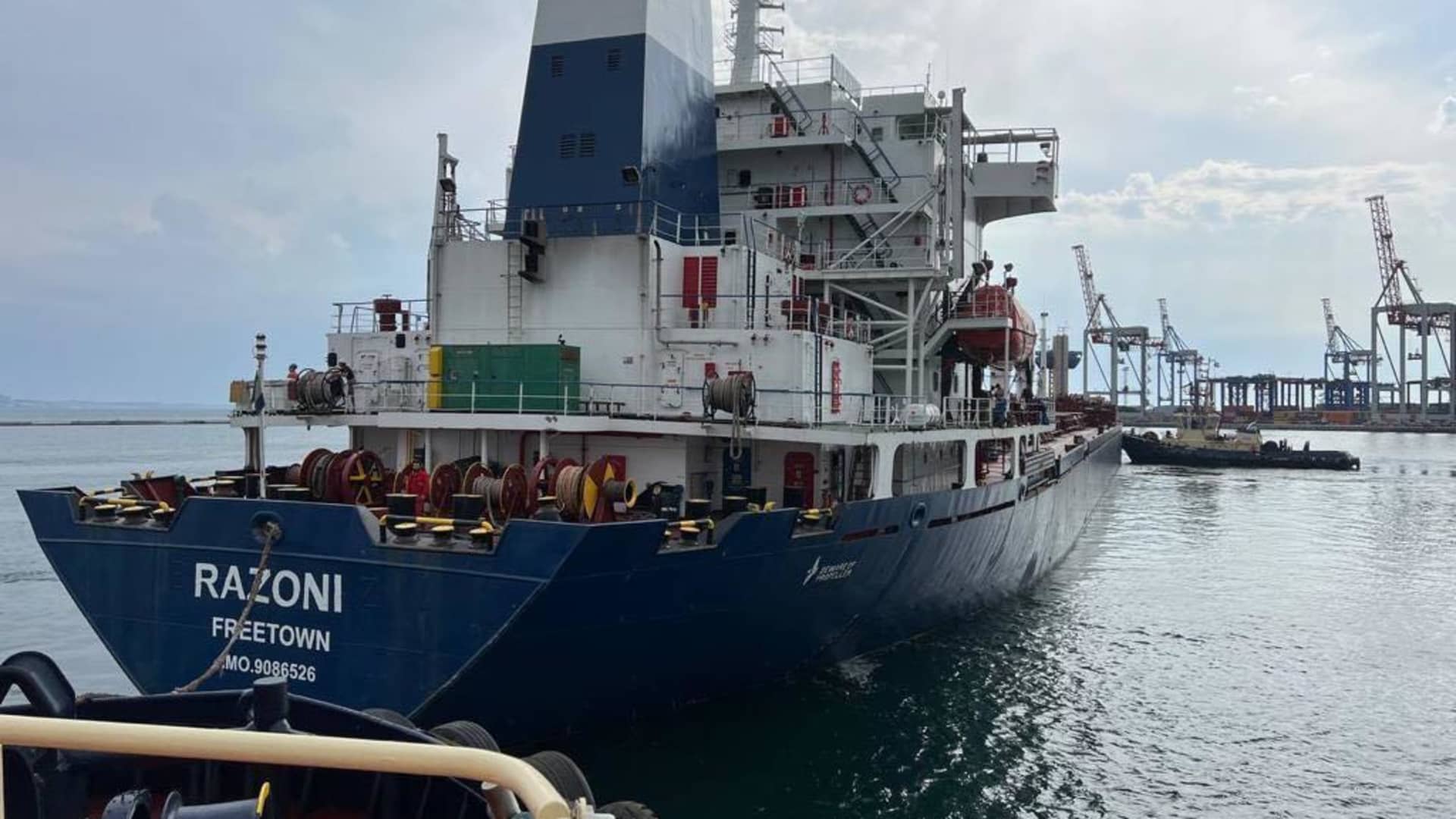 Sierra Leone-flagged dry cargo ship Razoni departs from port of Odesa in Odessa, Ukraine on August 01, 2022 as part of a recent grain export deal signed between Turkey, the UN, Russia, and Ukraine and expected to reach Istanbul tomorrow.