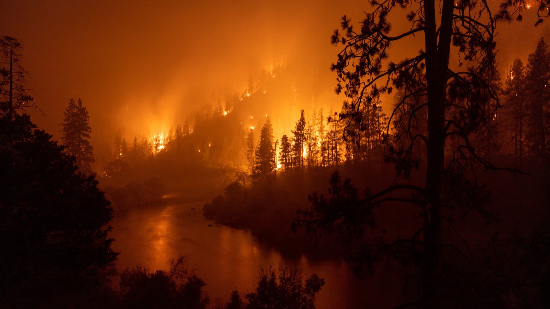 Flames burn during the McKinney Fire in the Klamath National Forest on July 31, 2022.