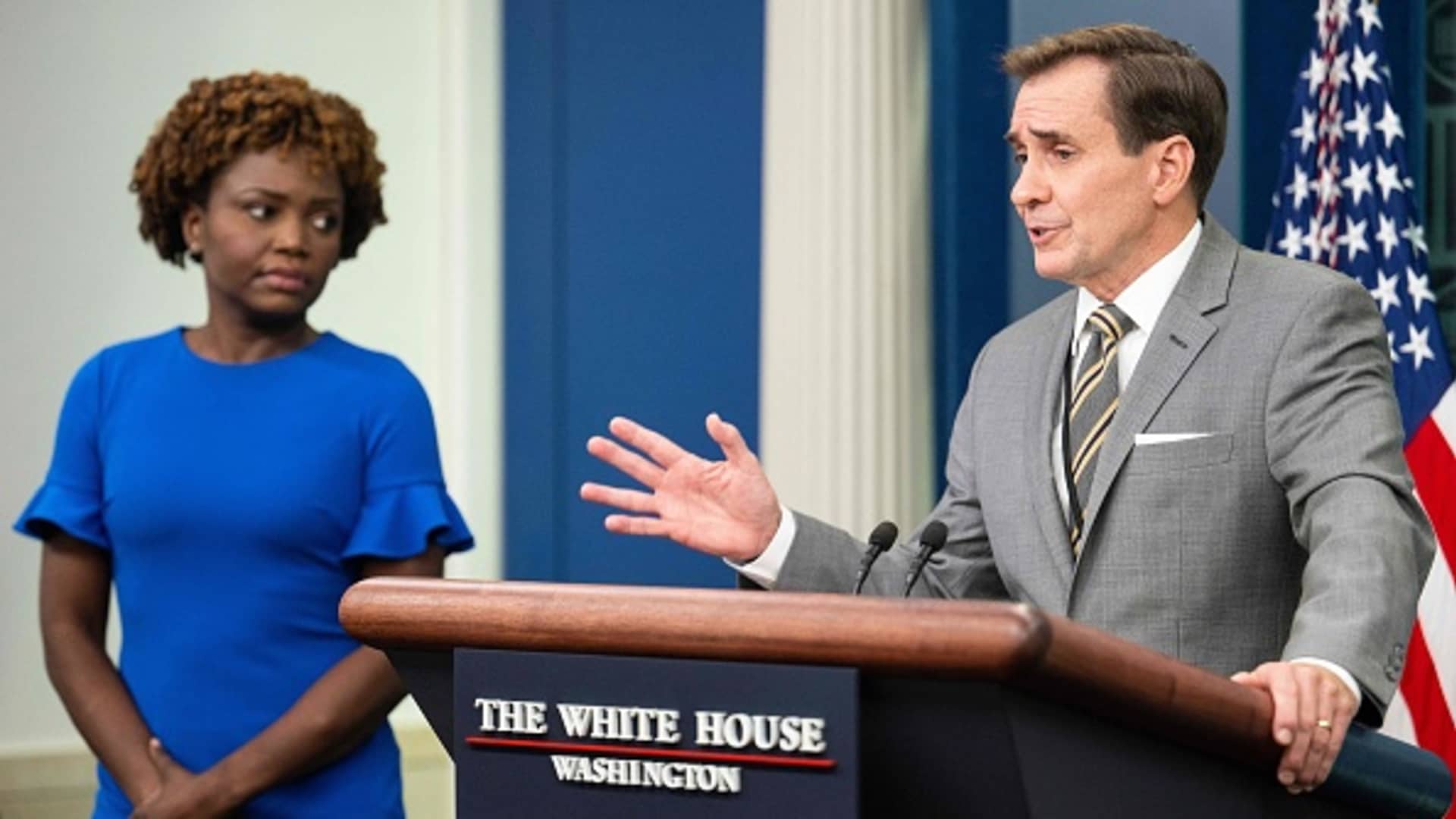 White House Press Secretary Karine Jean-Pierre (L) listens as National Security Council Coordinator for Strategic Communications John Kirby speaks during the daily briefing in the James S Brady Press Briefing Room of the White House in Washington, DC, on August 1, 2022.