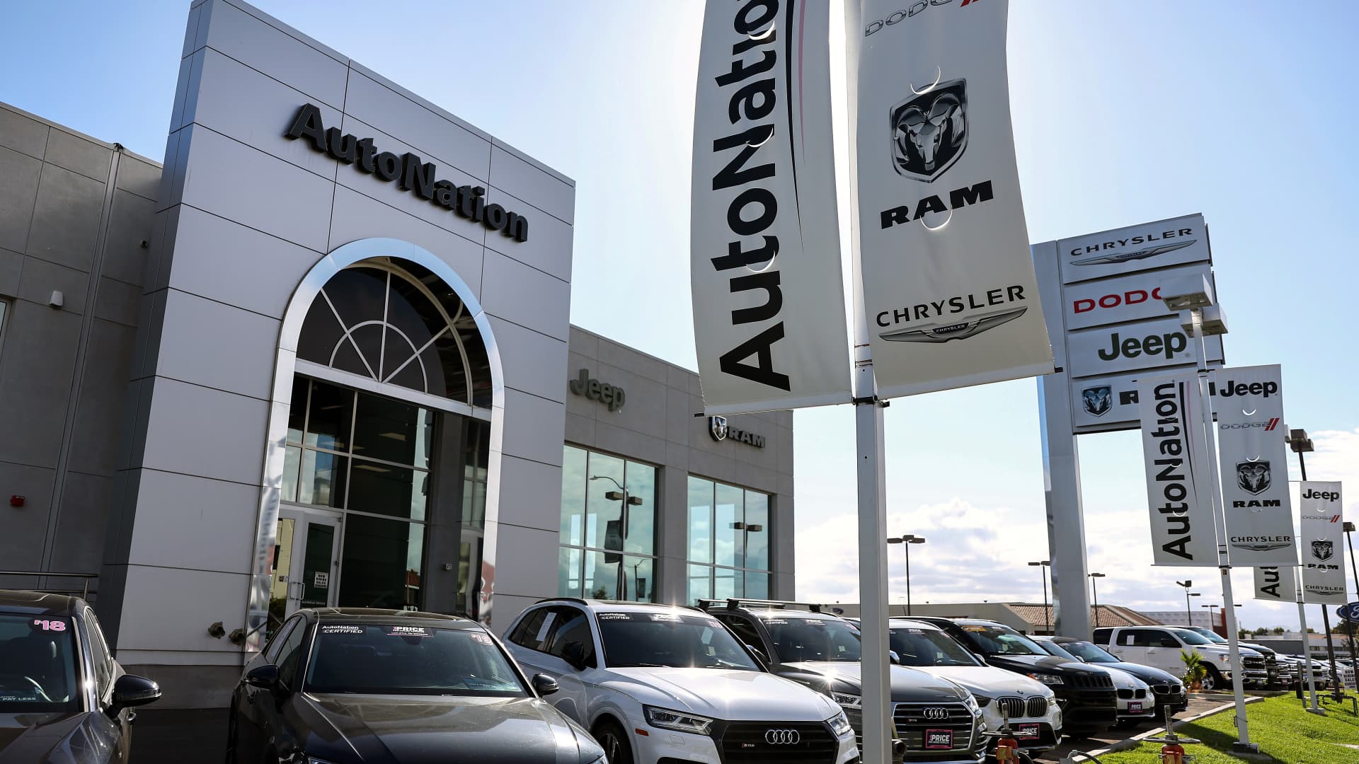 Vehicles are displayed for sale at an AutoNation car dealership on April 21, 2022 in Valencia, California.