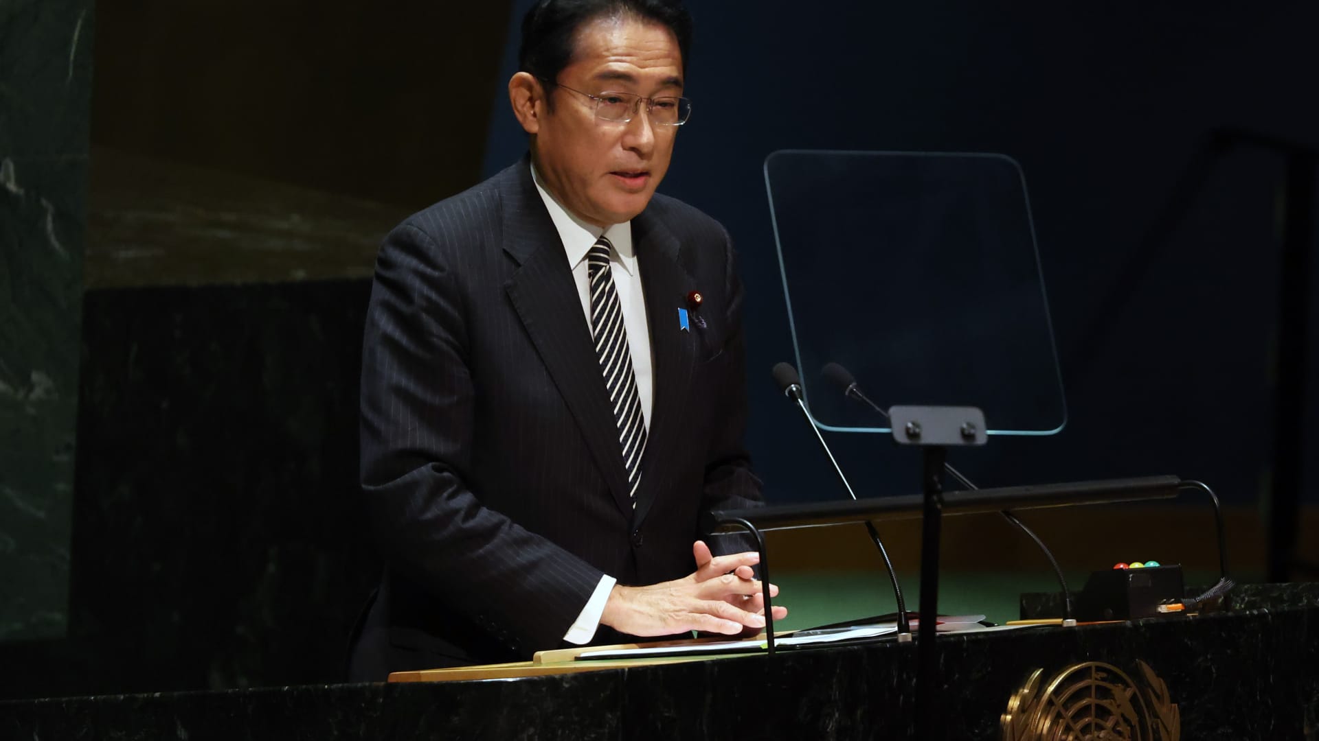 Prime Minister of Japan, Fumio Kishida speaks at the start of the tenth annual review of the Nuclear Non-Proliferation Treaty at U.N. headquarters on August 01, 2022 in New York City. Japan's average minimum wage is set to rise at a record pace this year, the government said on Tuesday, a positive development for Prime Minister Fumio Kishida's efforts to cushion households from global commodity inflation.