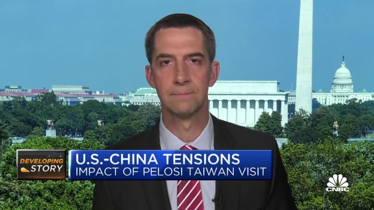 The U.S. has never had this level of tension with China over the Taiwan visit, says Sen. Tom Cotton