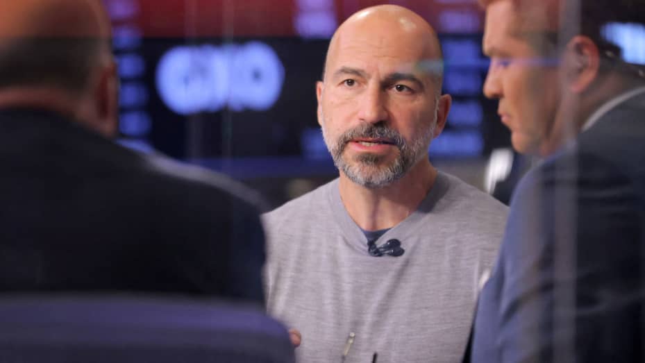 Uber CEO Dara Khosrowshahi is interviewed on the trading floor at the New York Stock Exchange (NYSE) in New York, August 2, 2022.