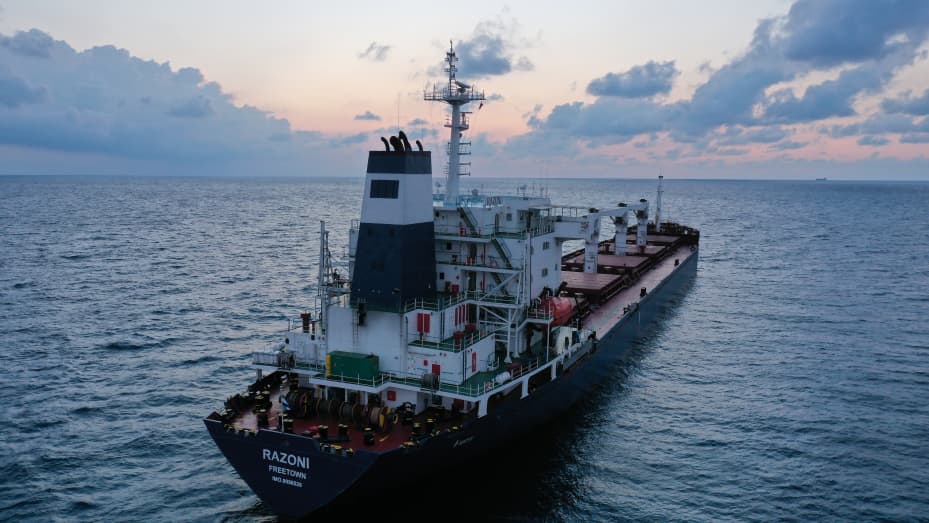 土耳其伊斯坦布尔 — 8 月 3 日：从敖德萨港出发，悬挂塞拉利昂国旗的干货船 Razoni 的鸟瞰图抵达土耳其伊斯坦布尔博斯普鲁斯海峡的黑海入口。 2022 年 8 月 3 日。伊斯坦布尔联合协调中心 (JCC) 的一位官员周二表示，目前正在准备和规划从三个乌克兰港口运送粮食和其他相关食品的船只。 土耳其、联合国、俄罗斯和