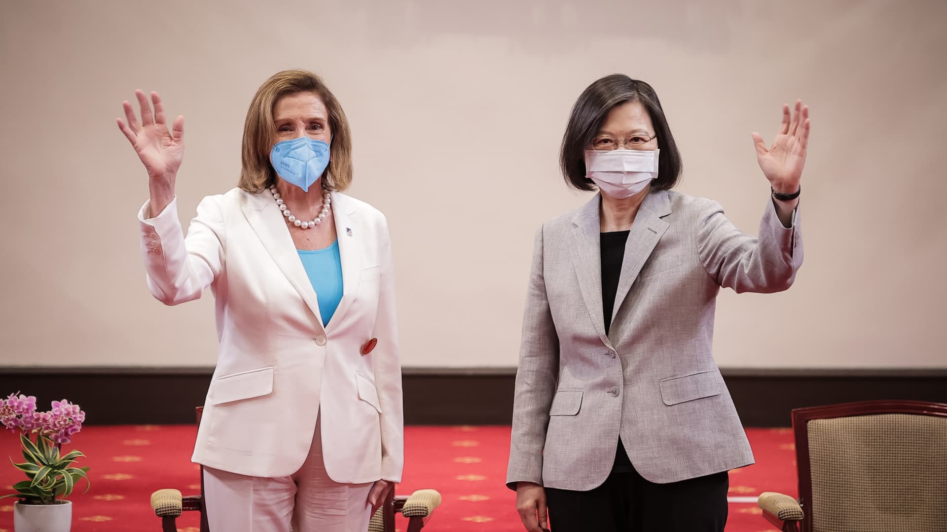 Speaker of the U.S. House Of Representatives Nancy Pelosi (D-CA), left, poses for photographs with Taiwan's President Tsai Ing-wen, right, at the president's office on August 03, 2022 in Taipei, Taiwan.