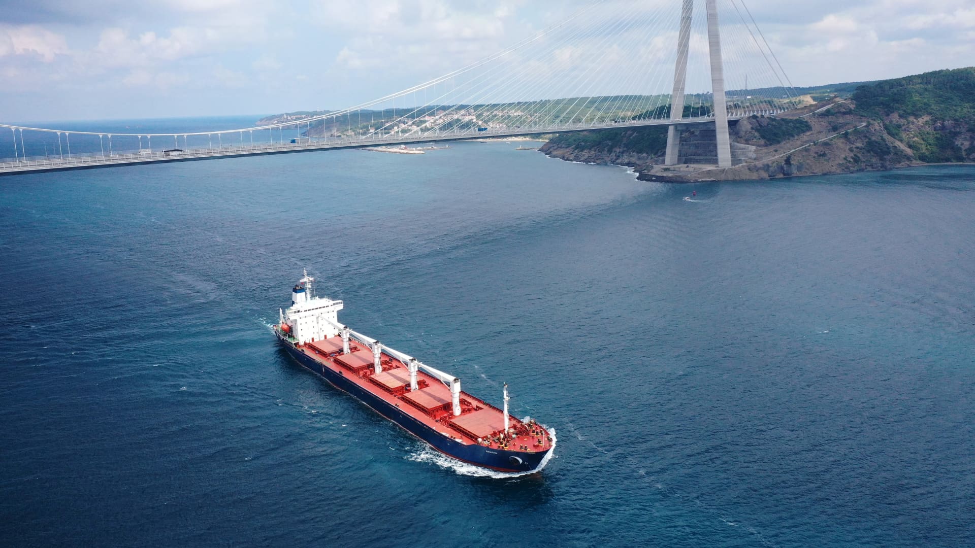 An aerial view of Sierra Leone-flagged dry cargo ship Razoni, carrying a cargo of 26,527 tons of corn, leaves from Istanbul, Turkiye and passes surroundings of Yavuz Sultan Selim Bridge to reach Lebanon after inspections are completed by Representatives of Russia, Ukraine, Turkiye and the United Nations (UN) of the Joint Coordination Center (JCC) complete inspection on August 03, 2022.