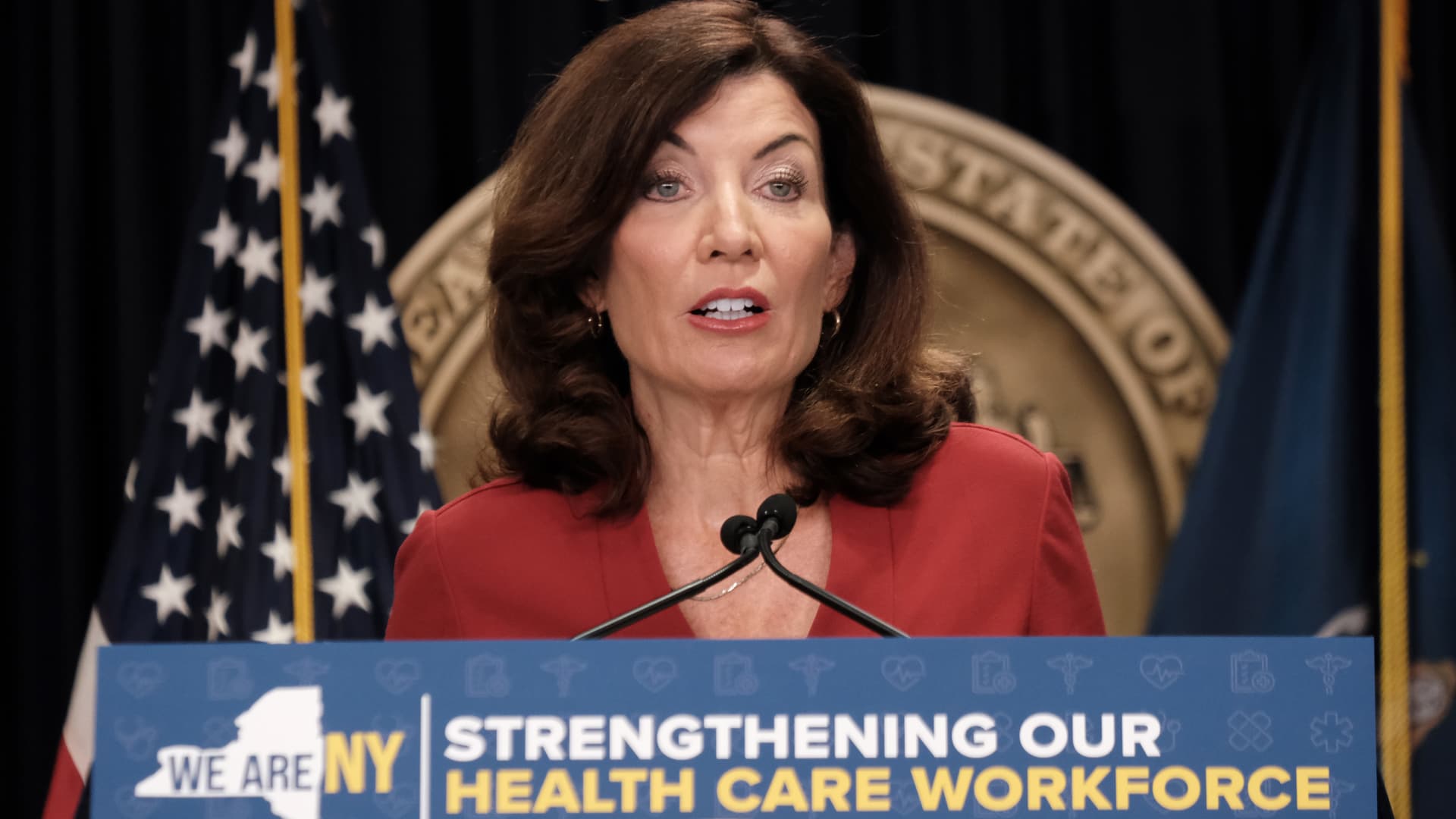New York Governor Kathy Hochul speaks at a news conference on August 03, 2022 in New York City.