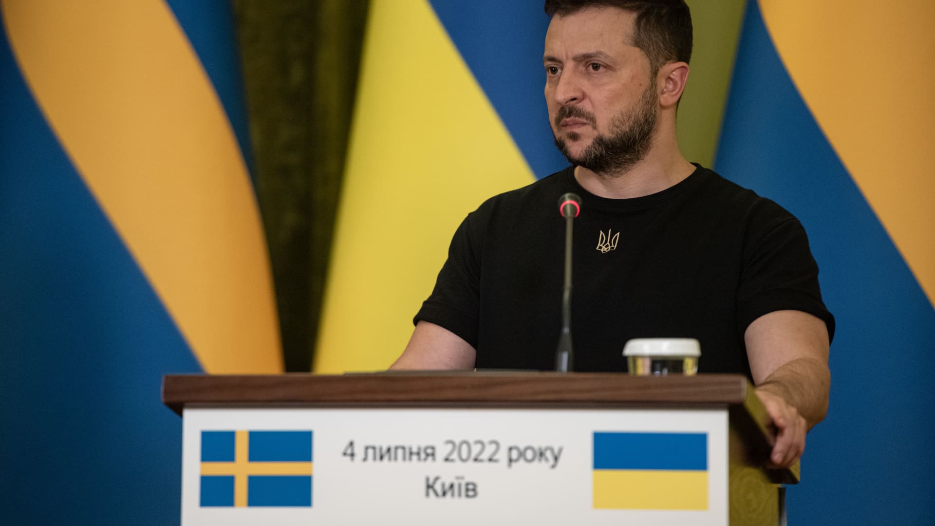 Ukrainian President Volodymyr Zelensky is seen during a joint press conference with Swedish Prime Minister Magdalena Andersson on July 4, 2022 in Kyiv, Ukraine. Zelenskyy is seeking an opportunity for direct talks with Chinese leader Xi Jinping to help end Russia's unprovoked war in Ukraine, the South China Morning Post reported.