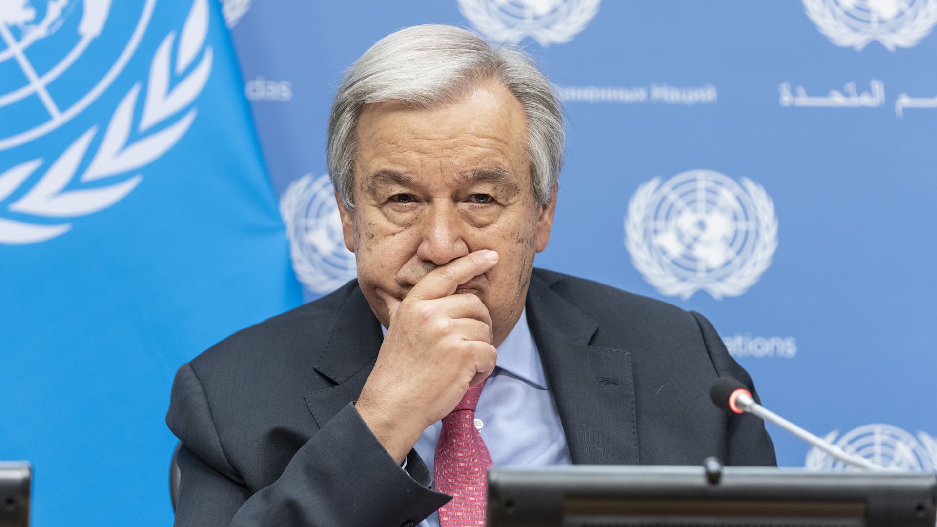 Secretary-General Antonio Guterres conducts a press briefing at the United Nations, Aug. 3, 2022.
