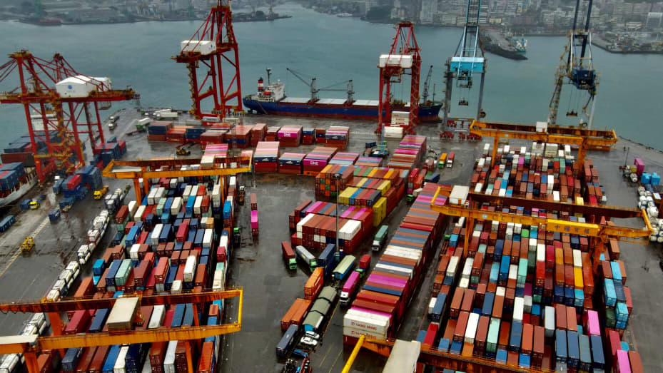 This aerial photograph taken on December 8, 2020 shows shipping containers at the harbour in Keelung. - While the world reels from the coronavirus pandemic, Taiwan is on track to end the year clocking up enviable economic growth -- a testament to the island's success in halting the deadly disease. - TO GO WITH Taiwan-economy-health-virus,FOCUS by Amber WANG and Sean CHANG (Photo by Sam Yeh / AFP) / TO GO WITH Taiwan-economy-health-virus,FOCUS by Amber WANG and Sean CHANG (Photo by SAM YEH/AFP via Getty Imag