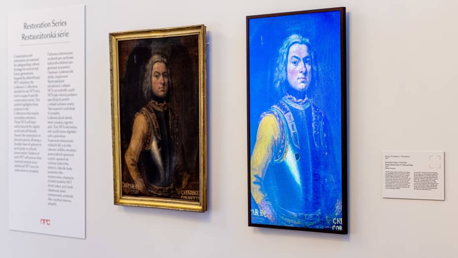 NFT Gut Shot on display (next to the original painting) at the Lobkowicz Palace, the sale of which financed the restoration of several portraits of officers in the Lobkowicz Collections.