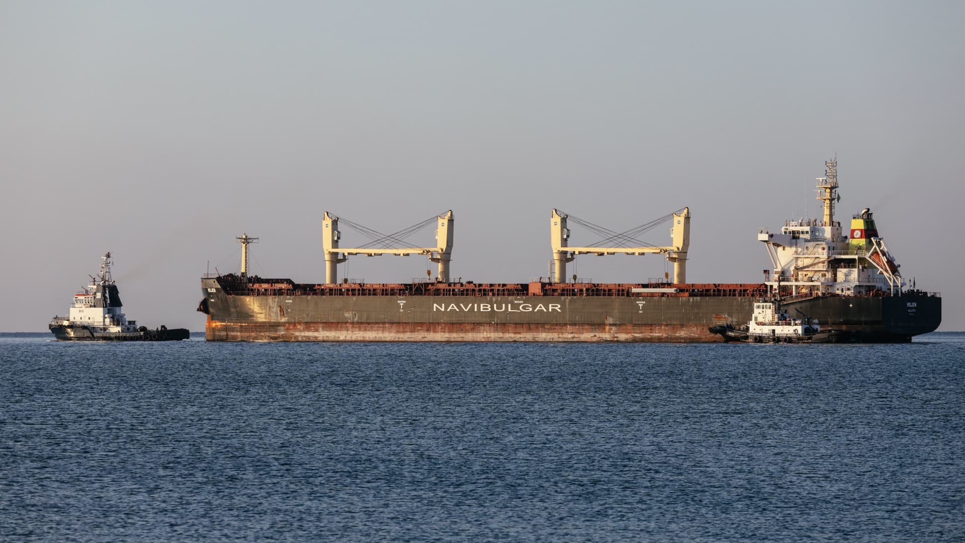 Malta-flagged bulk carrier M/V Rojen vessel, carrying tons of corn, leaves the Ukrainian port of Chornomorsk, before heading to Teesport in the United Kingdom, on August 5, 2022, amid the Russian invasion of Ukraine.