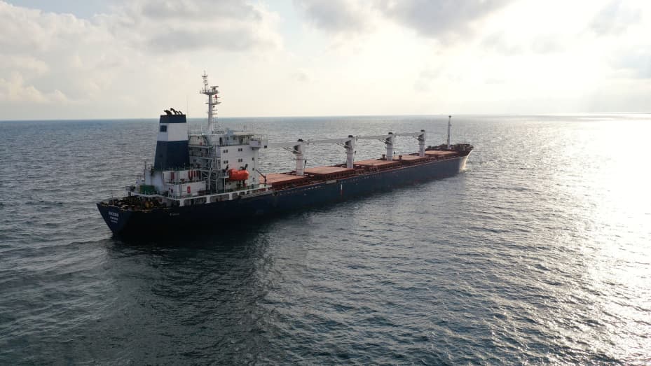 El carguero Razoni, con bandera de Sierra Leona, que transporta grano ucraniano, se ve en el Mar Negro frente a Kilyos, cerca de Estambul, Turquía, el 3 de agosto de 2022.