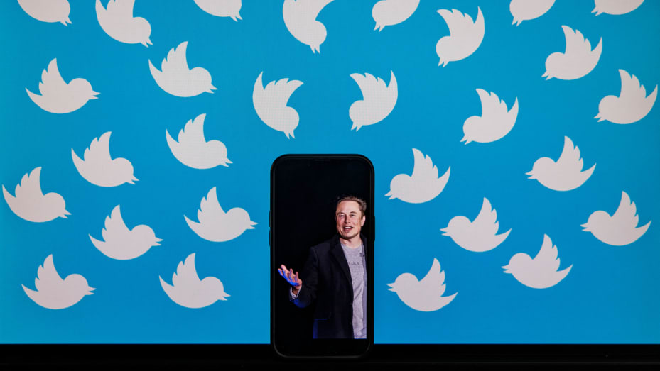 This illustration photo taken on August 5, 2022 shows a cellphone displaying a photo of Elon Musk placed on a computer monitor filled with Twitter logos in Washington, DC.