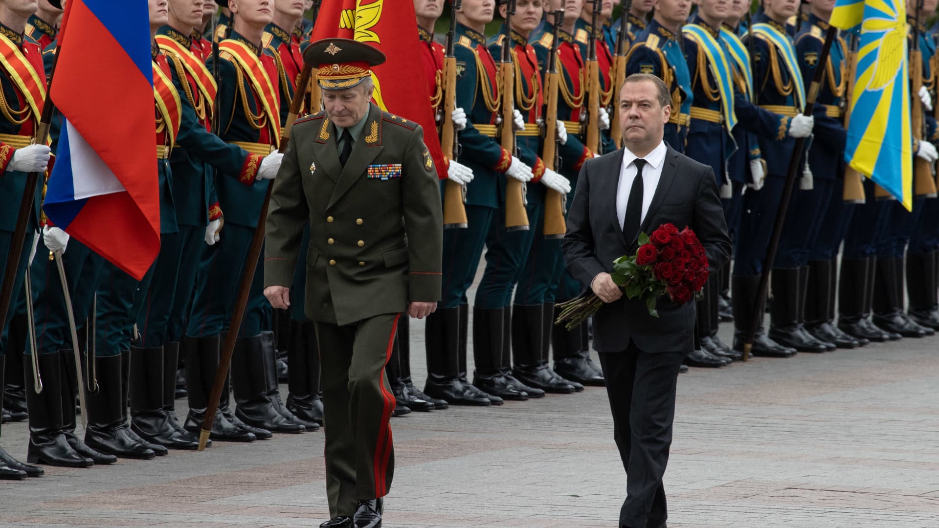 Deputy chairman of the Russian Security Council Dmitry Medvedev attends a wreath-laying ceremony at the Tomb of the Unknown Soldier in the Alexandrovsky Garden near the Kremlin wall in Moscow on June 22, 2022.