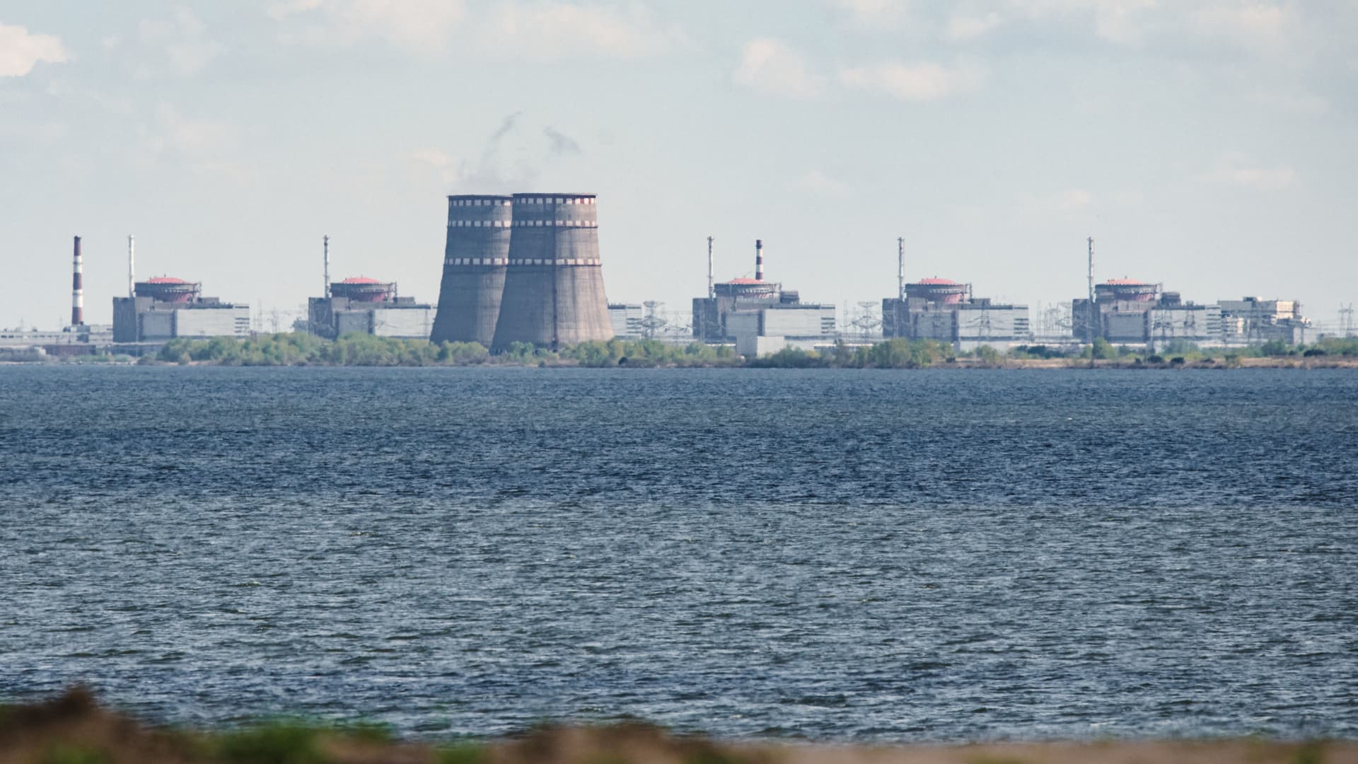 The Zaporizhzhia nuclear power plant, in the Russian-controlled area of Enerhodar, seen from Nikopol in April 27, 2022.
