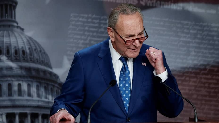 U.S. Senate Majority Leader Chuck Schumer (D-NY) speaks to the media after the 51-50 vote passed the 