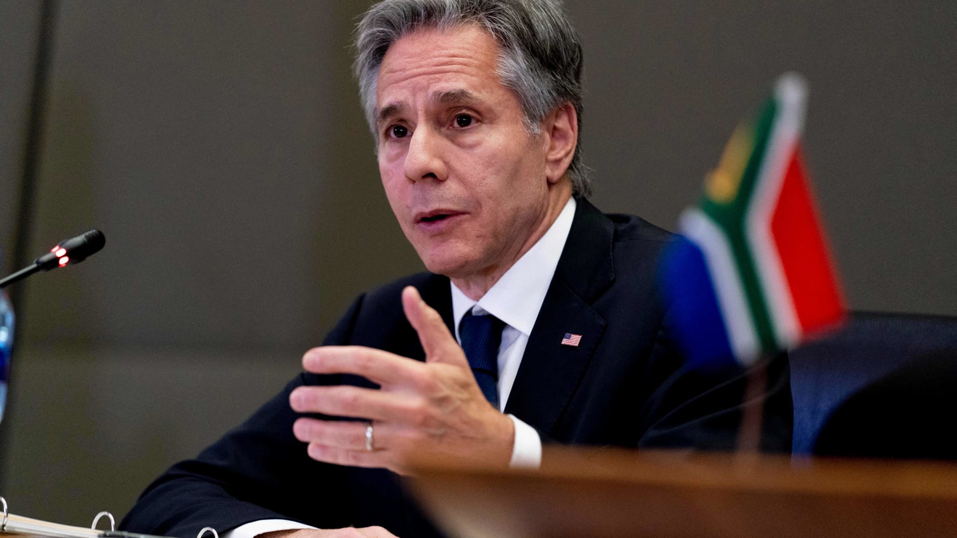 US Secretary of State Antony Blinken speaks to members of the media after meeting visiting the South African Department of International Relations and Cooperation in Pretoria, South Africa, on August 8, 2022.