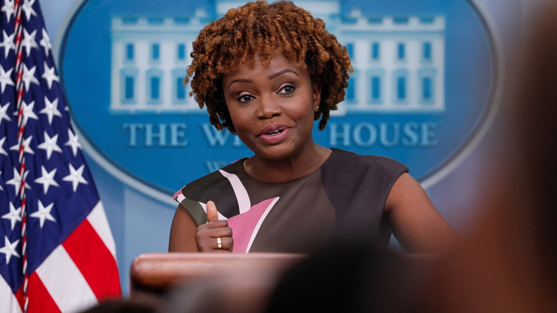 White House Press Secretary Karine Jean-Pierre answers questions during the daily press briefing at the White House in Washington, August 9, 2022.