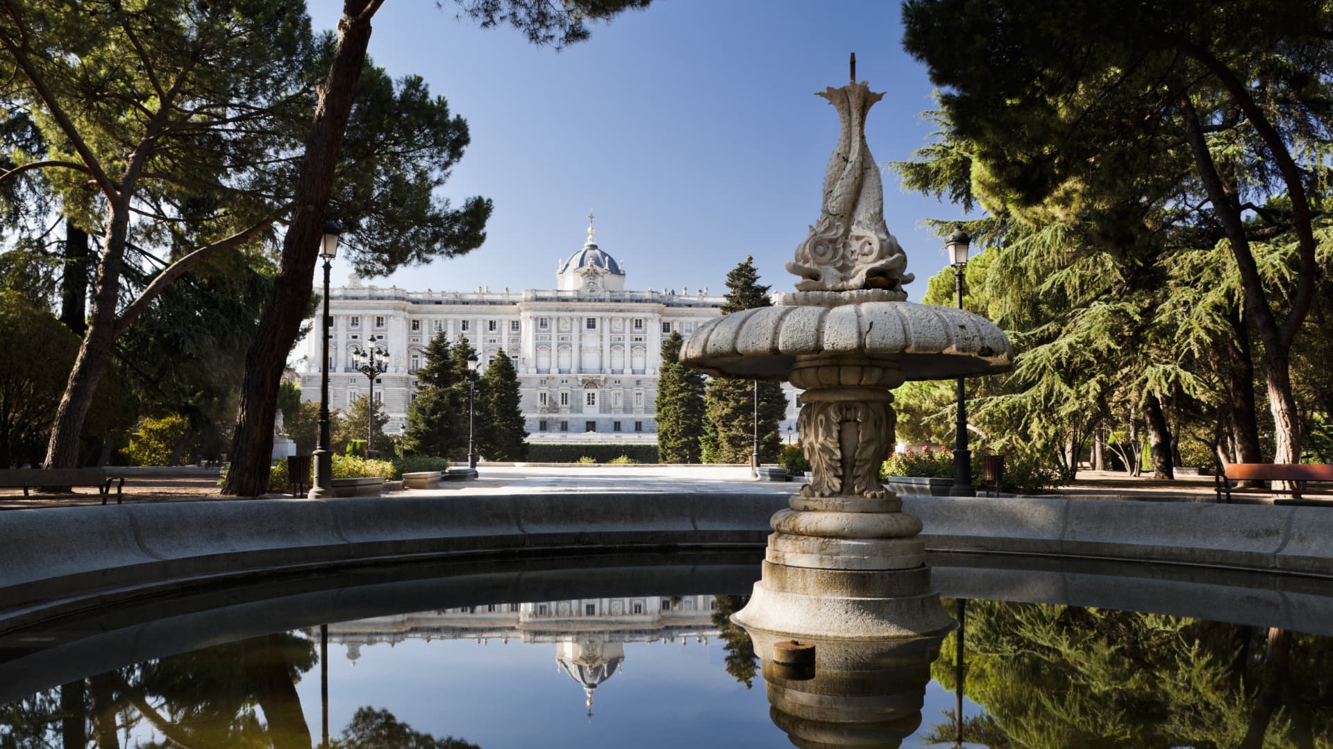 The Palacio Real (Royal Palace) seen in the background in Madrid.
