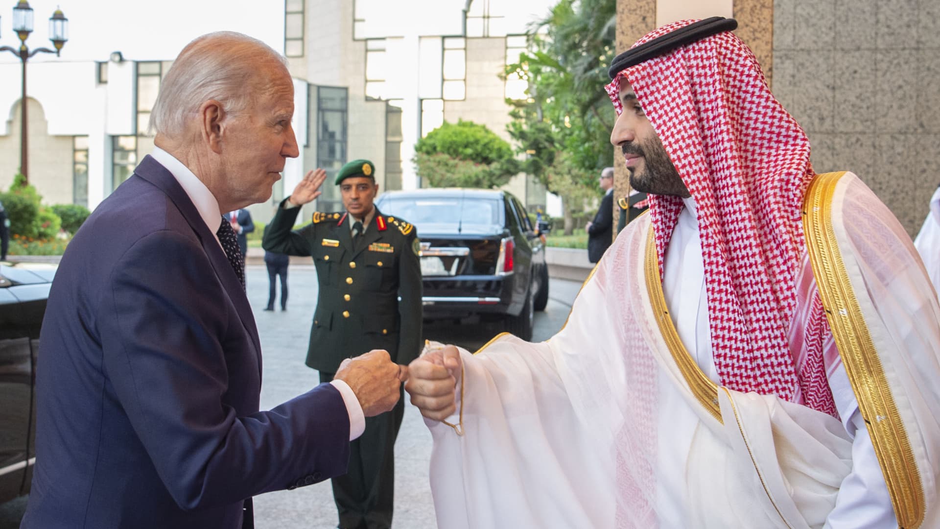 US President Joe Biden being welcomed by Saudi Arabian Crown Prince Mohammed bin Salman at Alsalam Royal Palace in Jeddah, Saudi Arabia on July 15, 2022.
