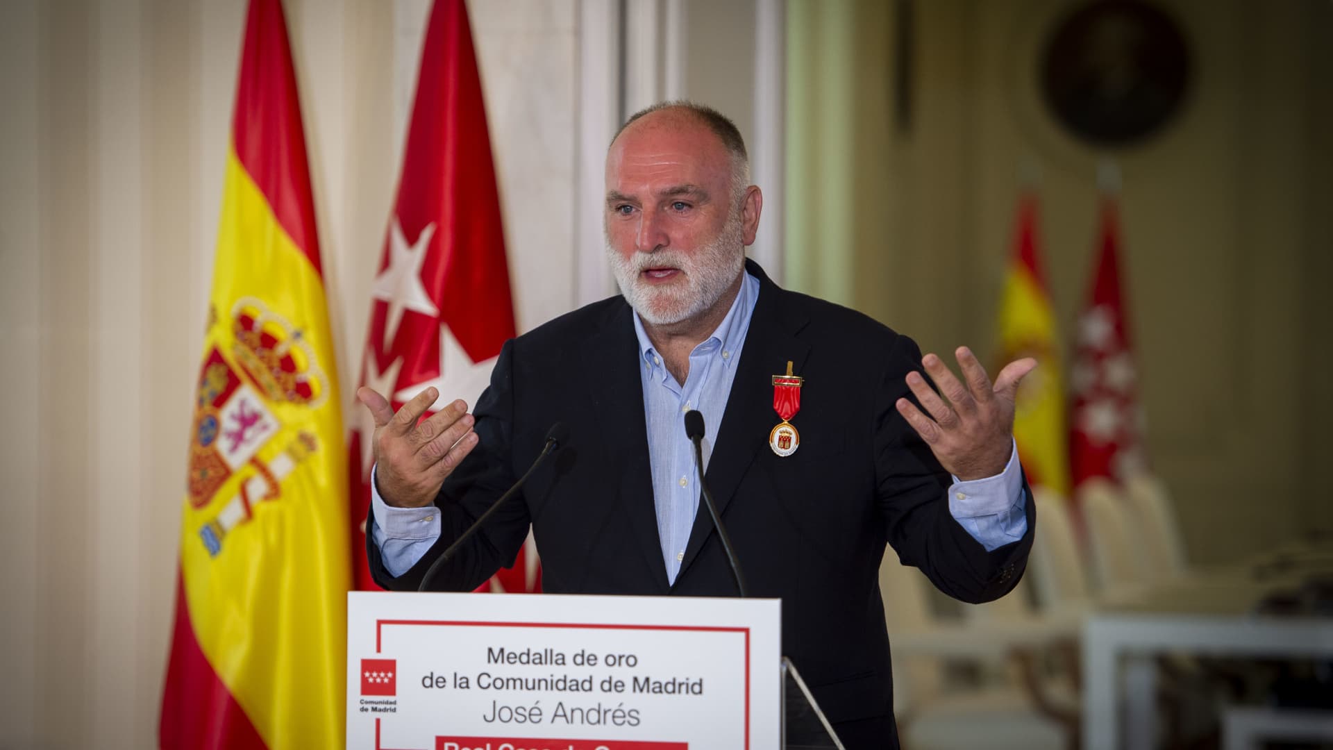 Chef Jose Andres received the Gold Medal from the President of the Community of Madrid for his solidarity work in Ukraine after the beginning of the war. Madrid, Spain, July 1, 2022.