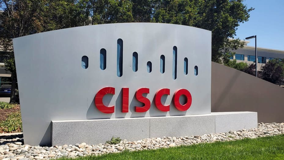 A sign bearing the logo for communications and security tech giant Cisco Systems Inc is seen outside one of its offices in San Jose, California, August 11, 2022.