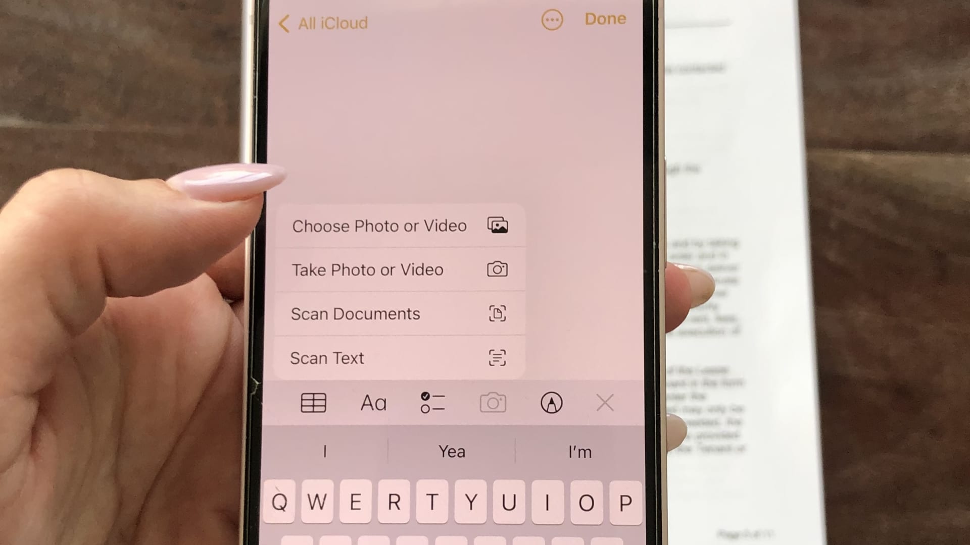 Scanning a document on your iPhone in the Notes app.