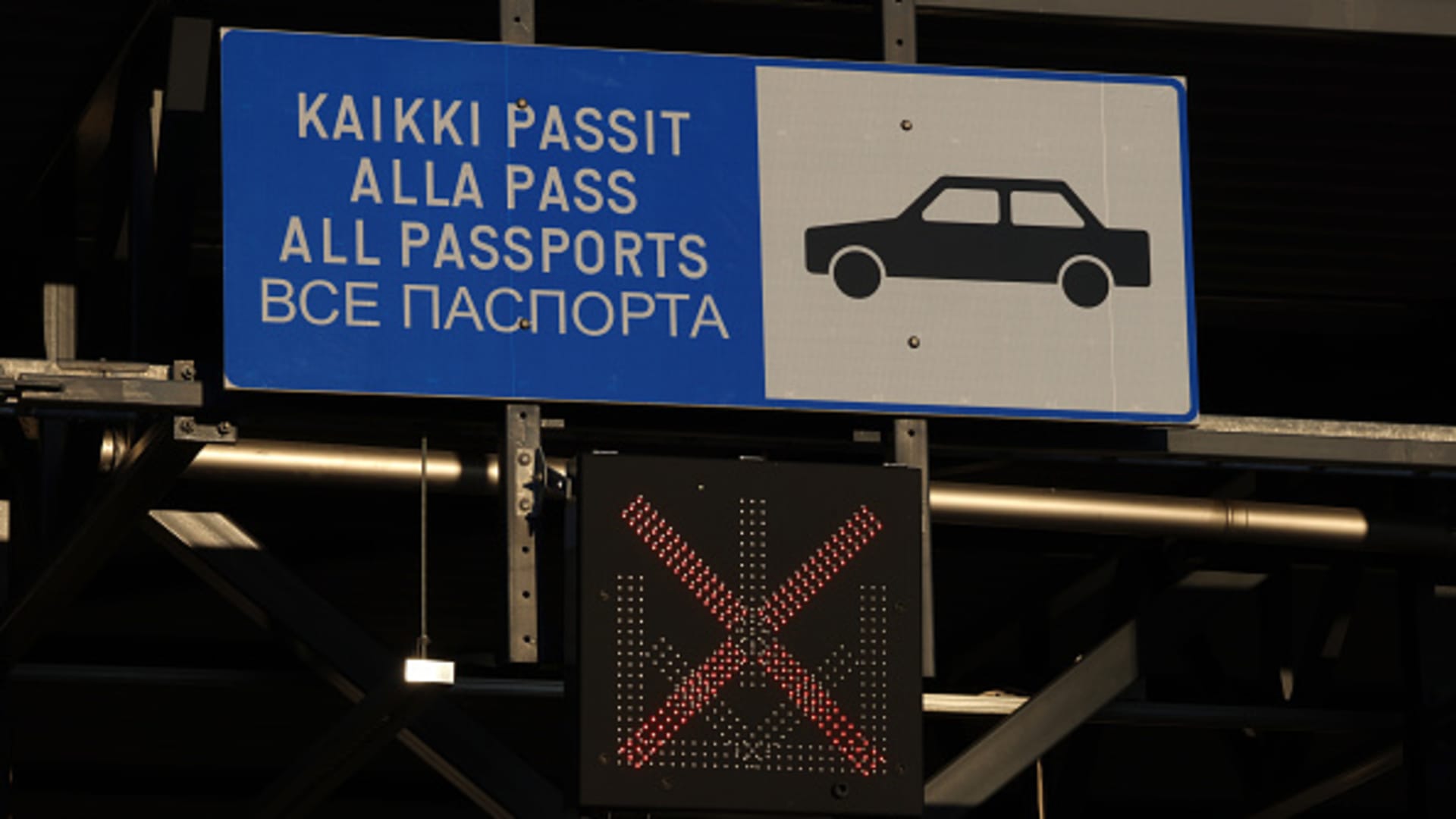 A sign hangs above a passport control at the quiet and nearly empty Imatra border crossing between Finland and Russia on May 24, 2022 near Imatra, Finland.