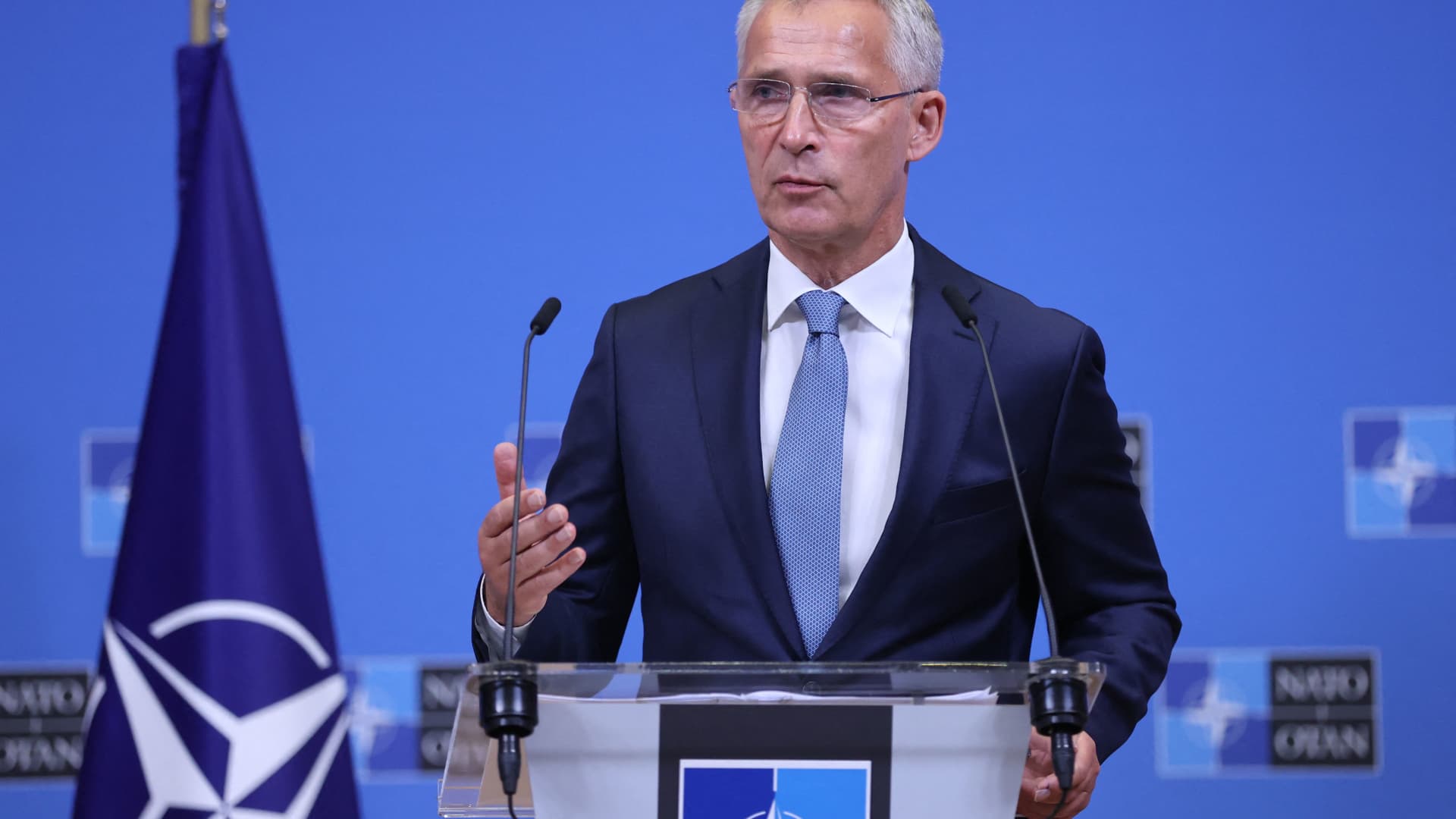 NATO Secretary General Jens Stoltenberg holds a press conference at the NATO headquarters in Brussels, on August 17 August 2022.