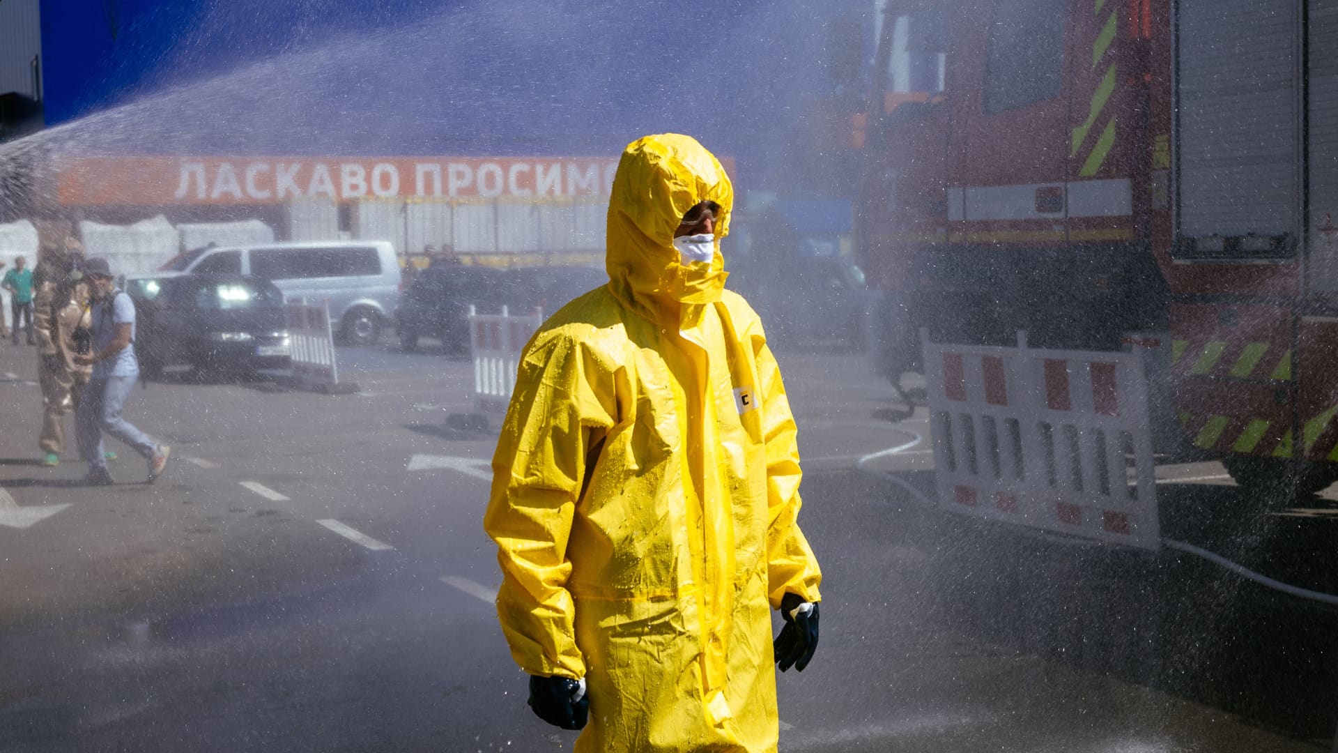 A Ukrainian Emergency Ministry rescuer attends an exercise in the city of Zaporizhzhia on Aug. 17, 2022, in case of a nuclear accident at the Zaporizhzhia nuclear power plant located near the city.